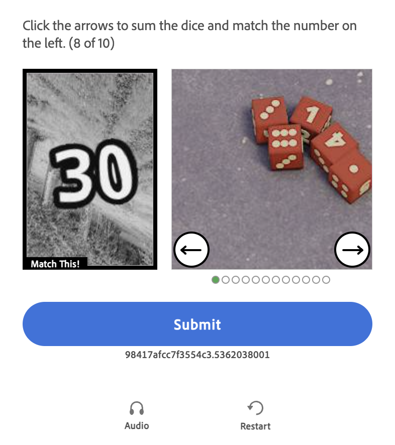 A captcha with pictures of a number and a pile of dice that you are required to sum