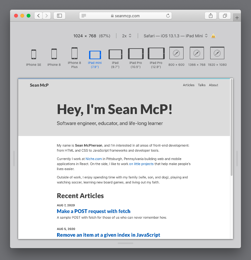 Viewing SeanMcP.com on an iPad mini in Safari's responsive design mode